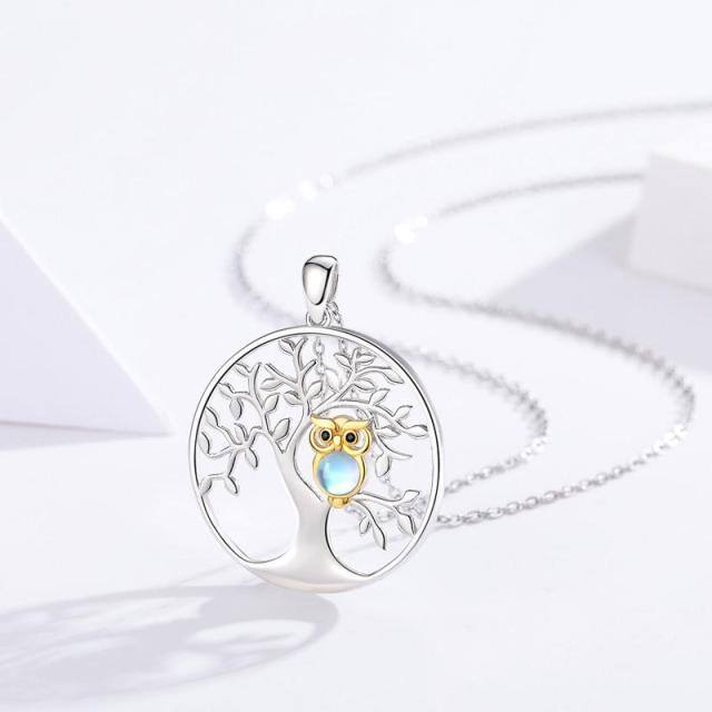 Sterling Silver Round Moonstone Owl & Tree Of Life Pendant Necklace-2
