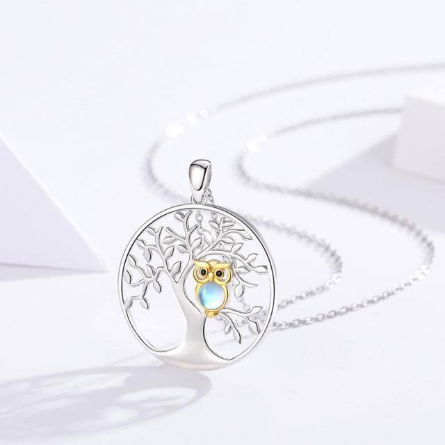 Collier pendentif arbre de vie hibou pierre de lune ronde en argent sterling-2