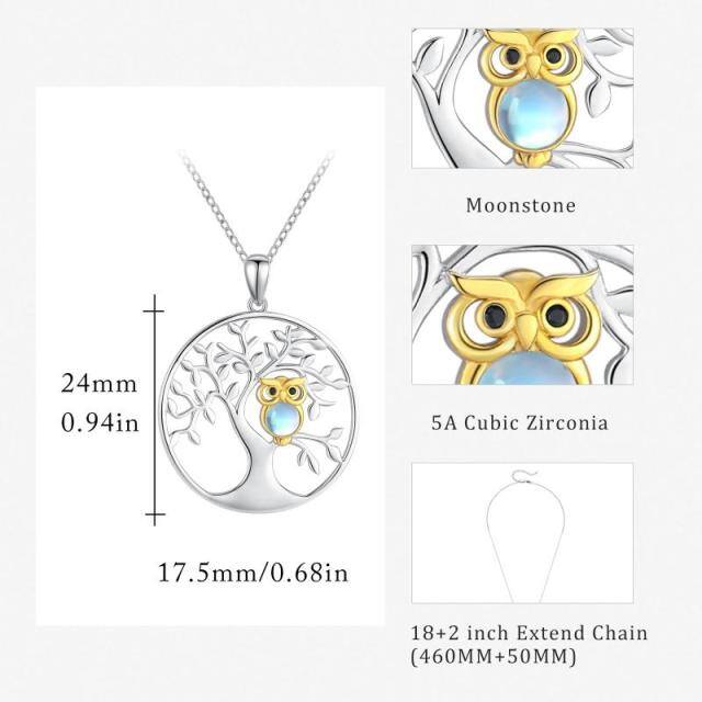 Sterling Silver Round Moonstone Owl & Tree Of Life Pendant Necklace-6