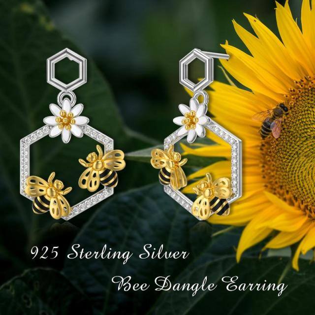 Sterling Silver Two-tone Circular Shaped Cubic Zirconia Bee & Daisy Stud Earrings-2