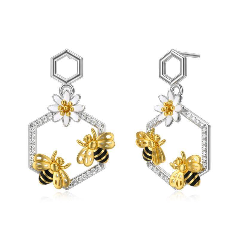 Sterling Silver Two-tone Circular Shaped Cubic Zirconia Bee & Daisy Stud Earrings-1
