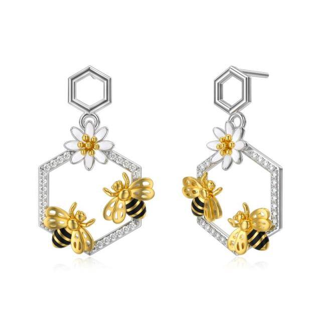 Sterling Silver Two-tone Circular Shaped Cubic Zirconia Bee & Daisy Stud Earrings-0