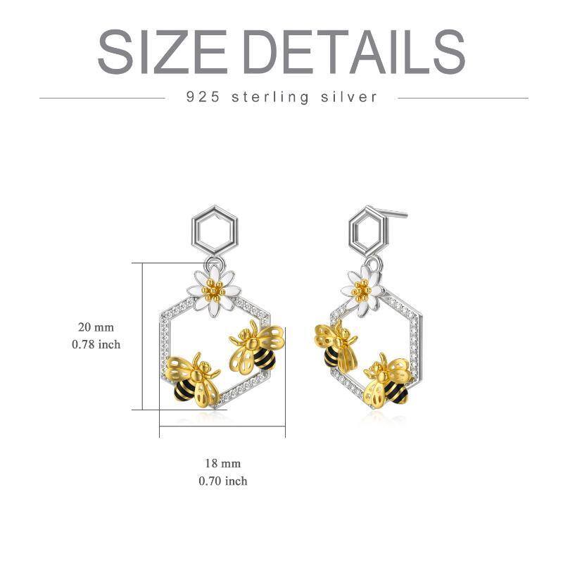 Sterling Silver Two-tone Circular Shaped Cubic Zirconia Bee & Daisy Stud Earrings-6