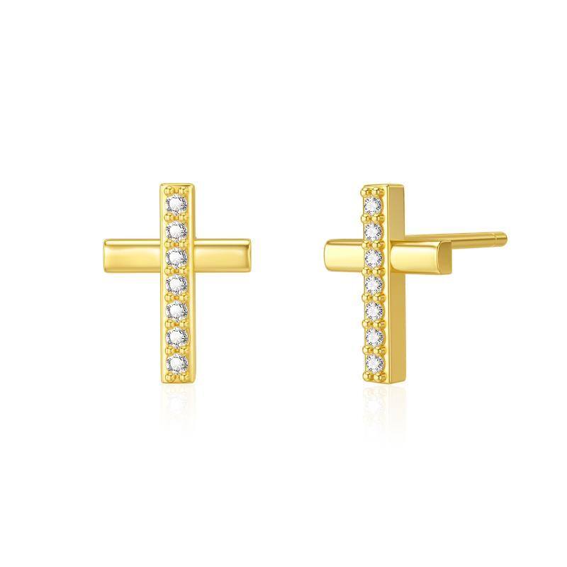 9K Gold Cubic Zirconia Cross Stud Earrings-1