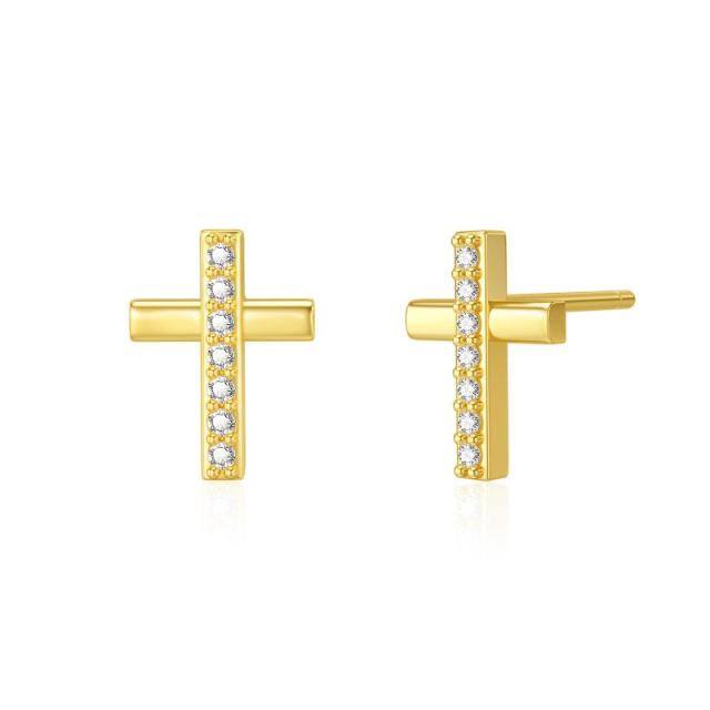 9K Gold Cubic Zirconia Cross Stud Earrings-0