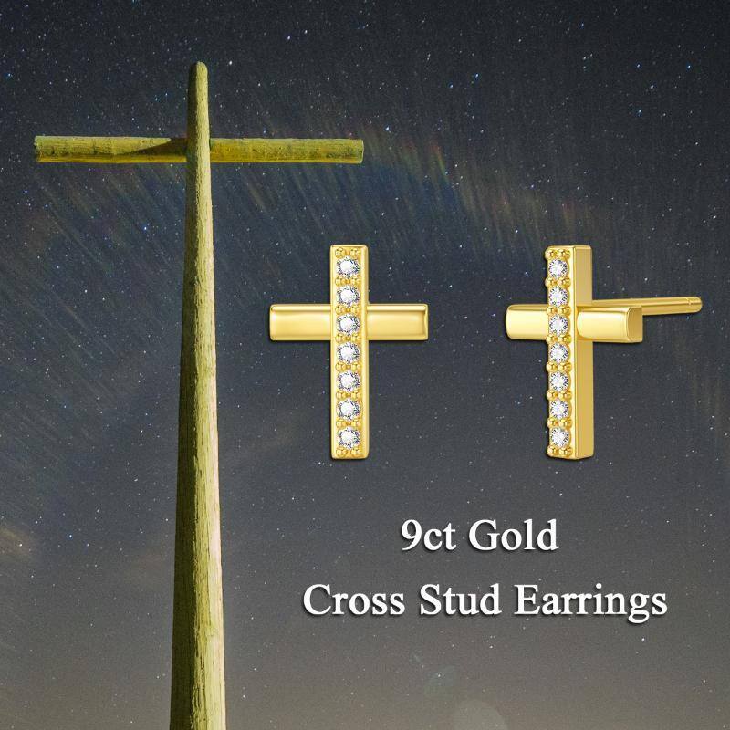 9K Gold Cubic Zirconia Cross Stud Earrings-6