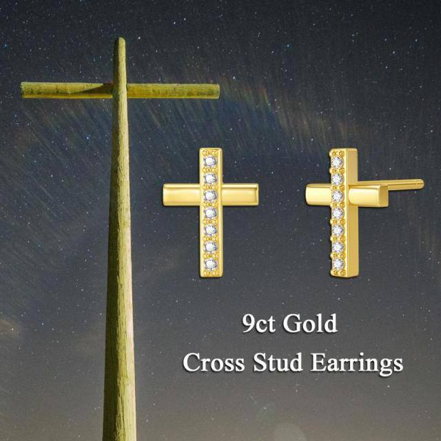9K Gold Cubic Zirconia Cross Stud Earrings-5