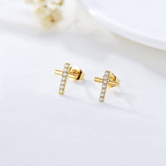 9K Gold Cubic Zirconia Cross Stud Earrings-2