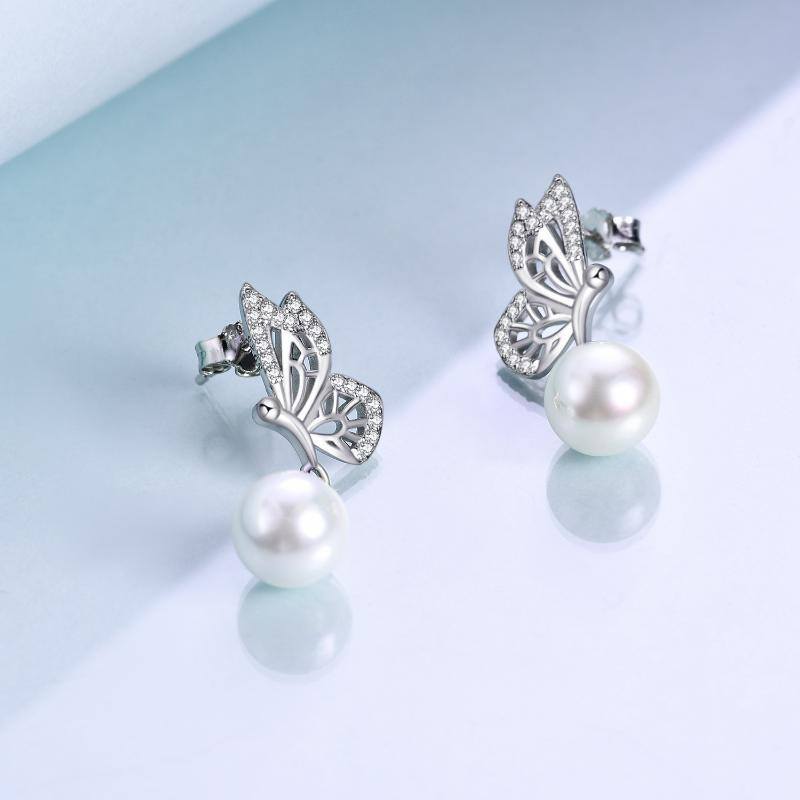 Sterling Silver Pearl Butterfly Drop Earrings-3