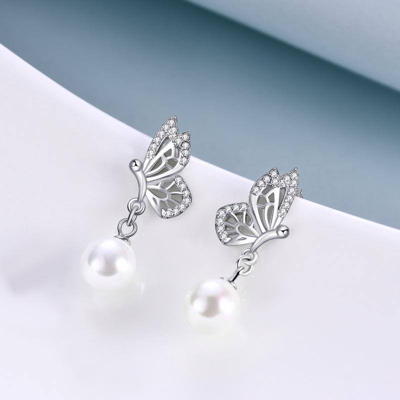 Sterling Silver Pearl Butterfly Drop Earrings-4