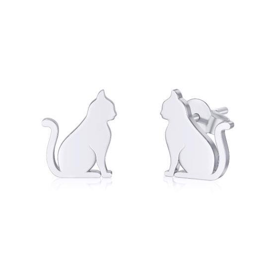 14K White Gold Cat Stud Earrings