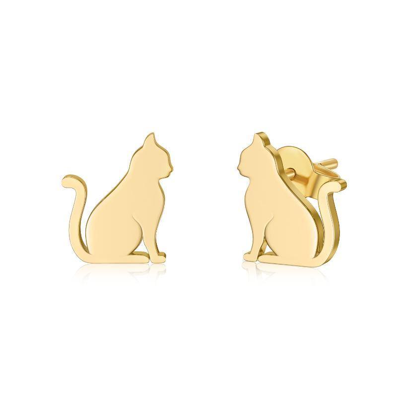 14K Gold Cat Stud Earrings-1