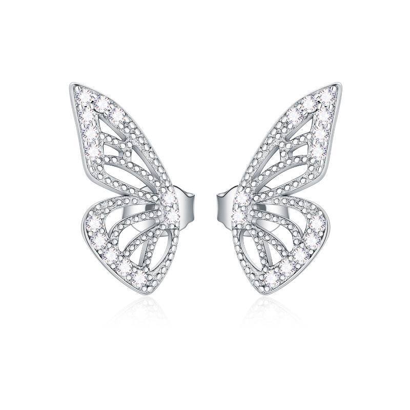 Sterling Silver Circular Shaped Cubic Zirconia Butterfly Stud Earrings-1
