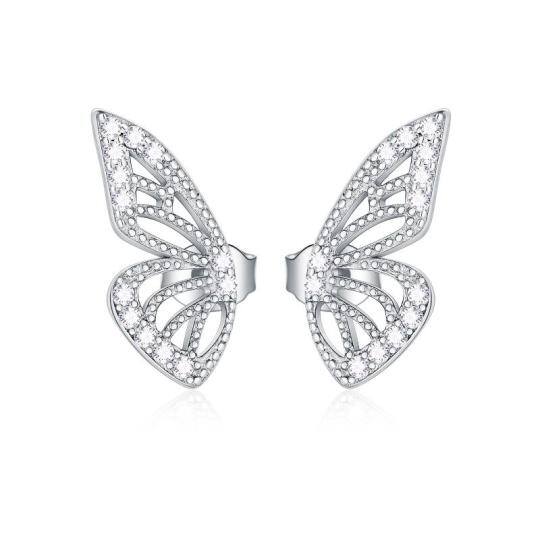 Sterling Silver Circular Shaped Cubic Zirconia Butterfly Stud Earrings