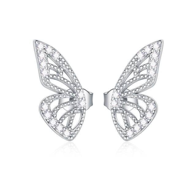 Sterling Silver Circular Shaped Cubic Zirconia Butterfly Stud Earrings-0