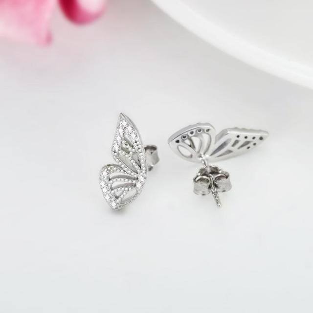 Sterling Silver Circular Shaped Cubic Zirconia Butterfly Stud Earrings-3