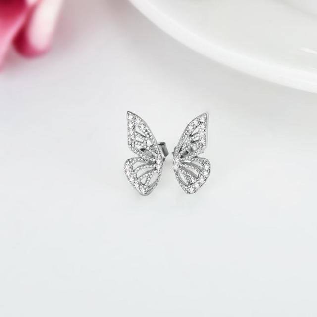 Sterling Silver Circular Shaped Cubic Zirconia Butterfly Stud Earrings-2