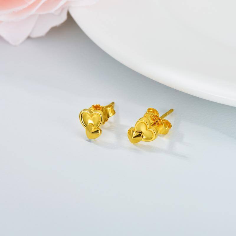 18K Gold Heart With Heart Stud Earrings-4