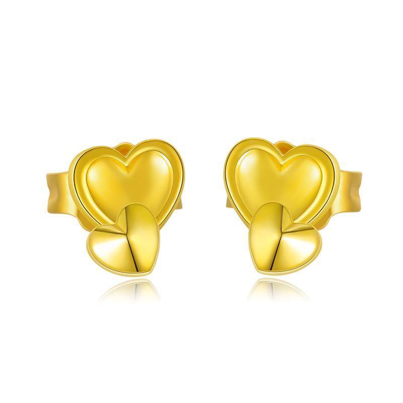 18K Gold Heart With Heart Stud Earrings-1