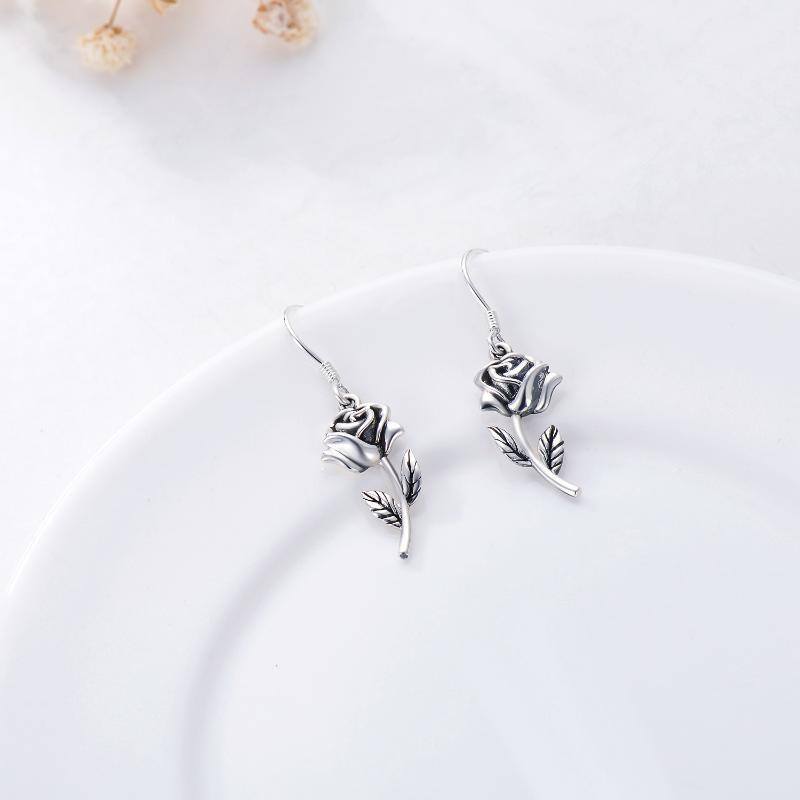 Sterling Silver Rose Drop Earrings-3