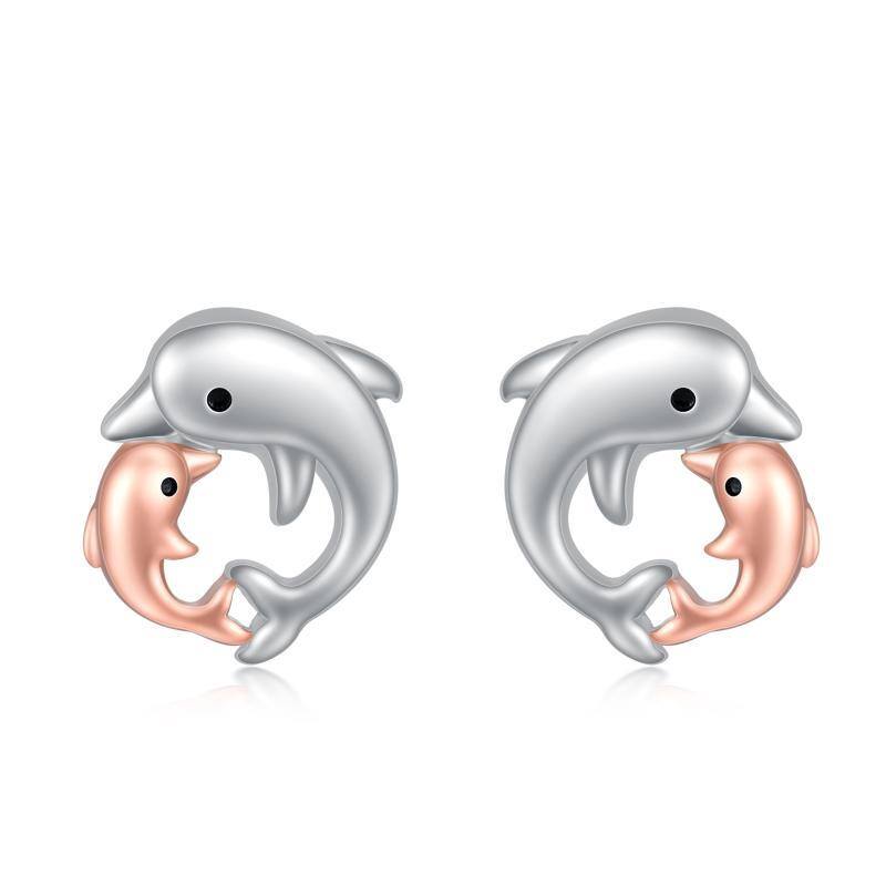 Sterling Silver Two-tone Dolphin Stud Earrings-1