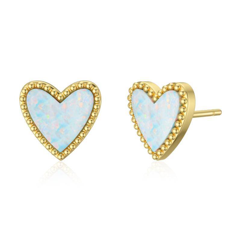 14K Gold Opal Heart Stud Earrings-1