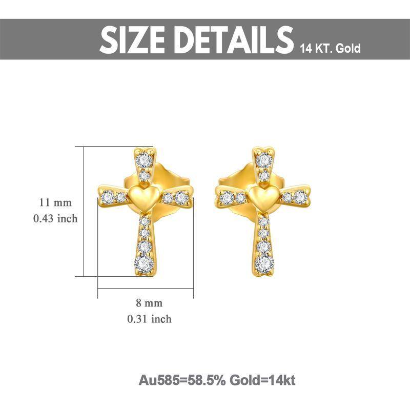 Boucles d'oreilles croix et coeur en or 14K à zircon cubique-5
