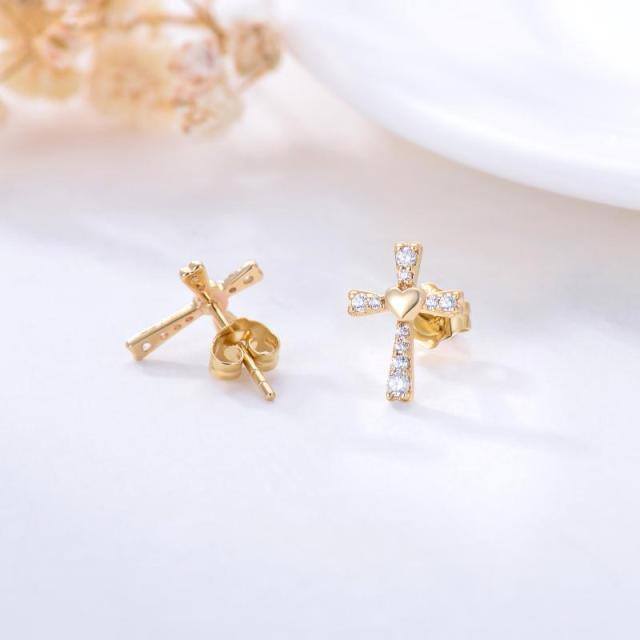 14K Gold Cubic Zirconia Cross & Heart Stud Earrings-2