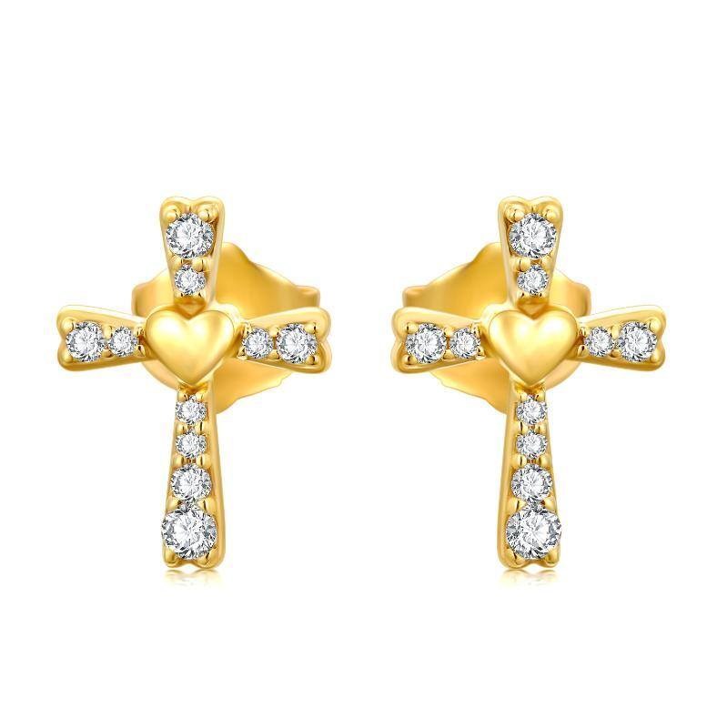 14K Gold Cubic Zirconia Cross & Heart Stud Earrings-1