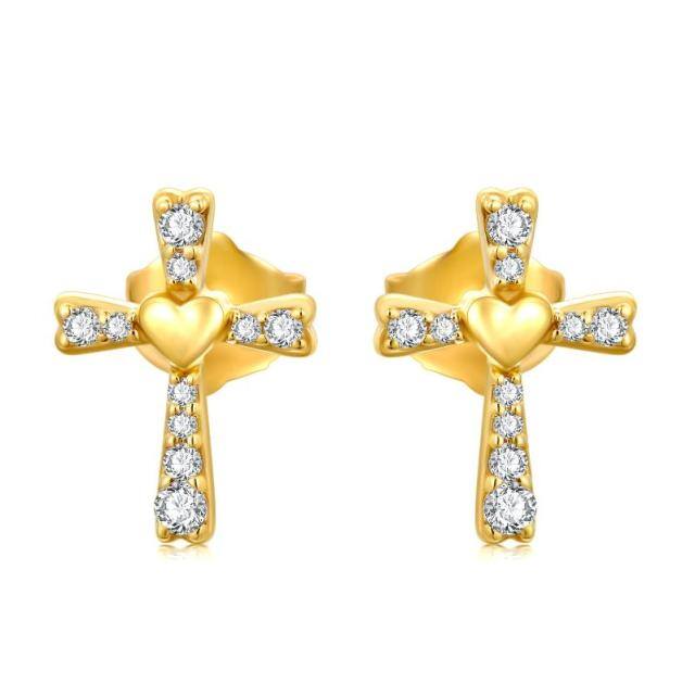14K Gold Cubic Zirconia Cross & Heart Stud Earrings-0