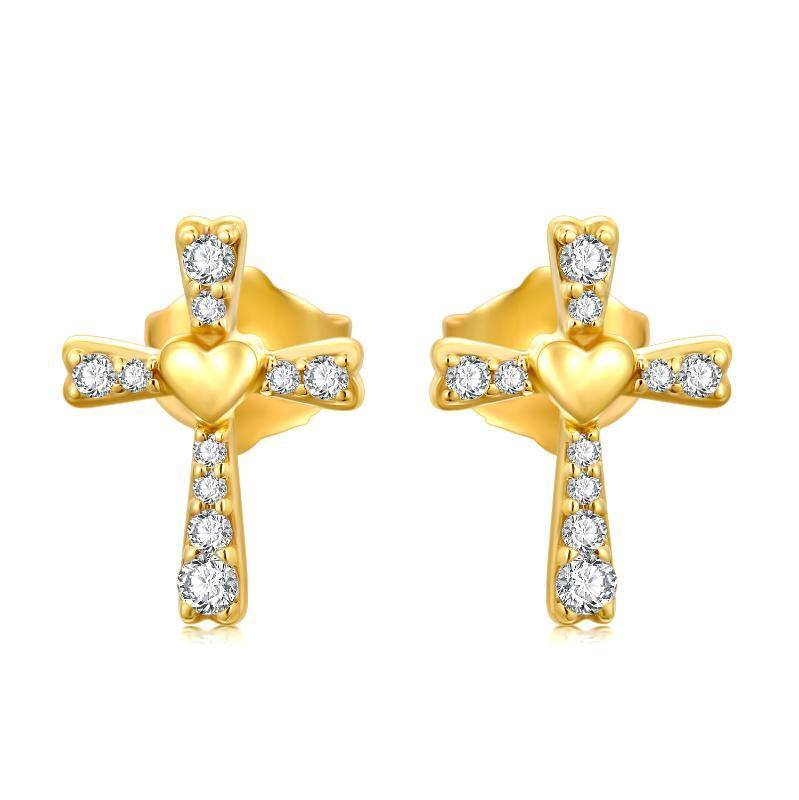 14K Gold Cubic Zirkonia Kreuz & Herz Ohrstecker