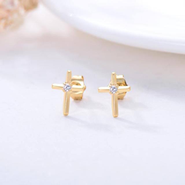 14K Gold Cubic Zirconia Cross Stud Earrings-2
