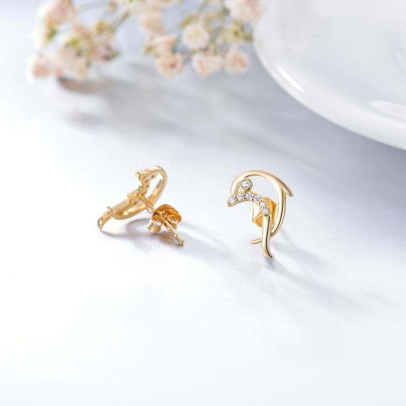 14K Gold Cubic Zirconia Dolphin Stud Earrings-4