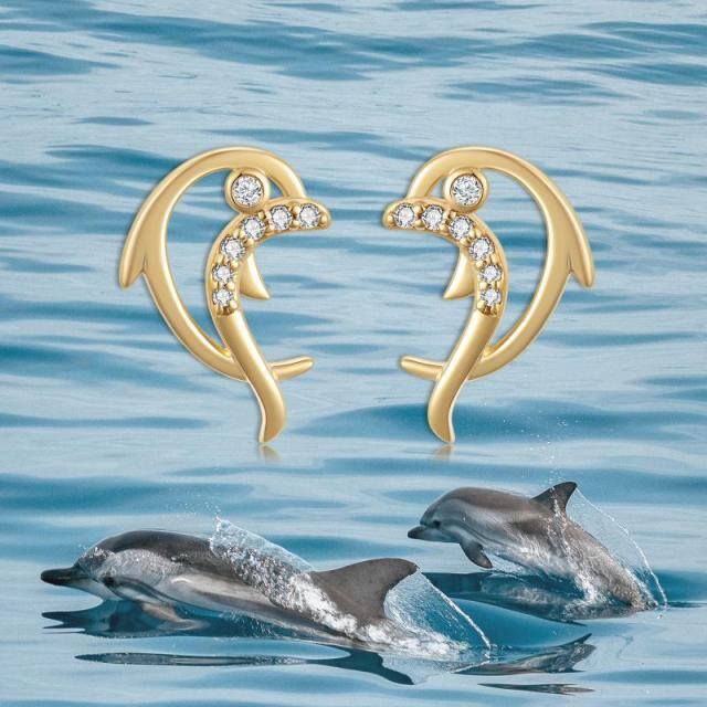 14K Gold Cubic Zirconia Dolphin Stud Earrings-5