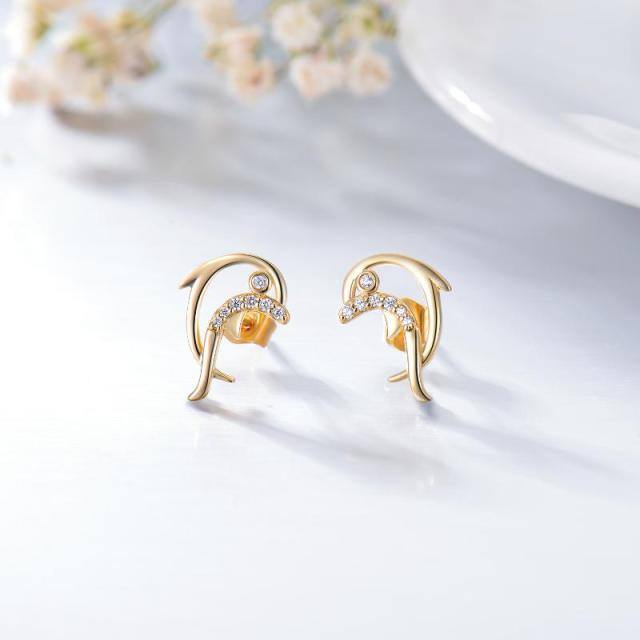 Boucles d'oreilles à tige en forme de dauphin en or 14 carats et zircones cubiques-3