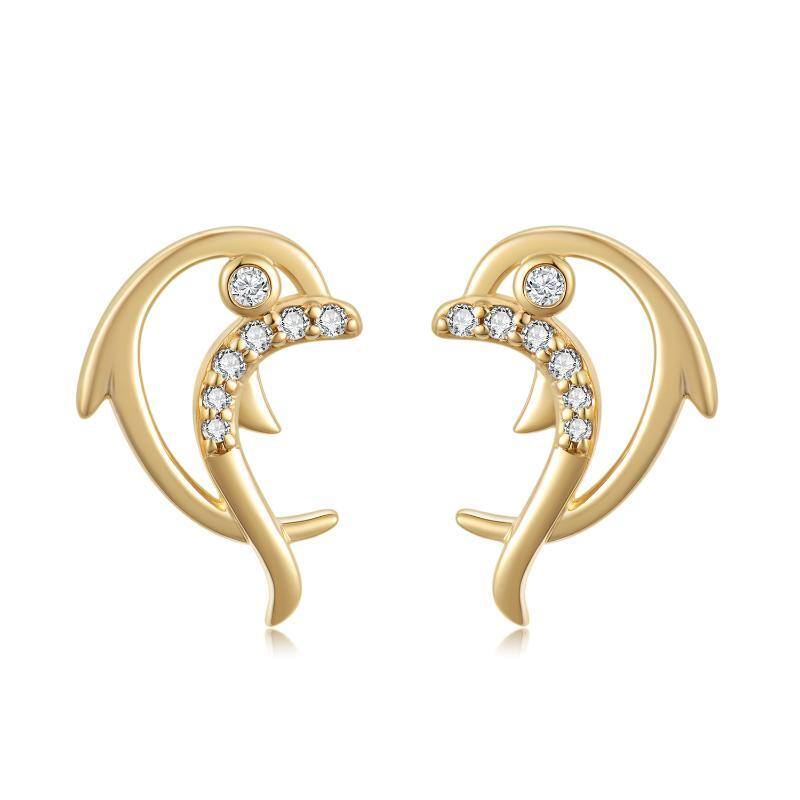 14K Gold Cubic Zirconia Dolphin Stud Earrings-1