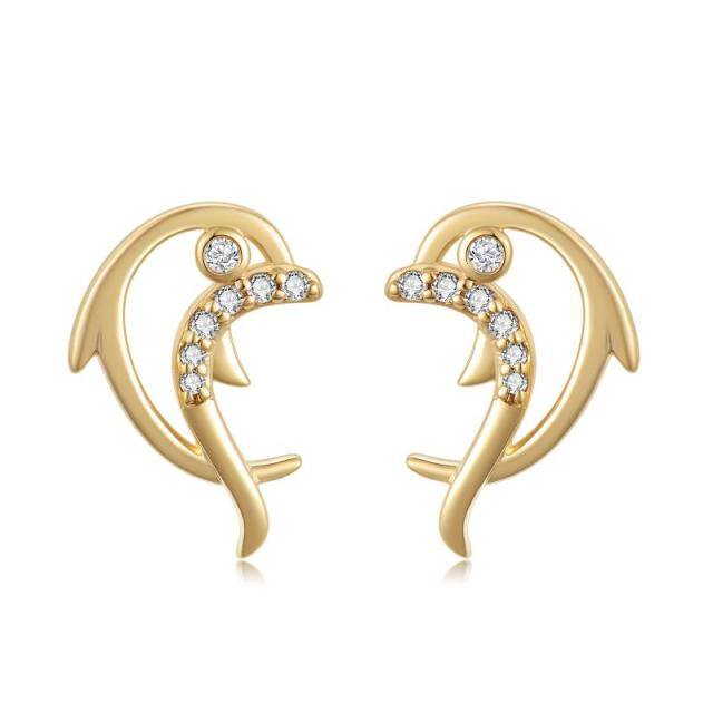 14K Gold Cubic Zirconia Dolphin Stud Earrings-5