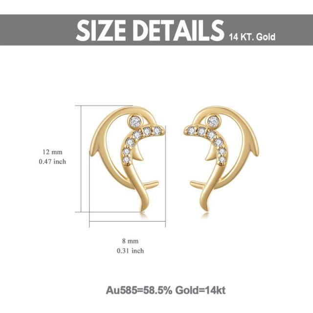 Boucles d'oreilles à tige en forme de dauphin en or 14 carats et zircones cubiques-6