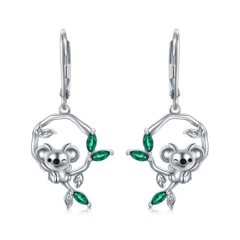 Sterling Silver Marquise Shaped Cubic Zirconia Koala Lever-back Earrings-1