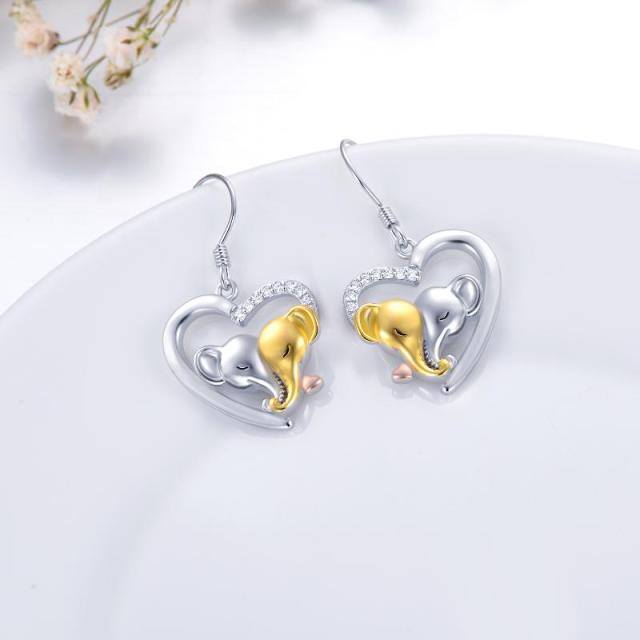 Sterling Silver Tri-tone Circular Shaped Cubic Zirconia Elephant & Heart Drop Earrings-3