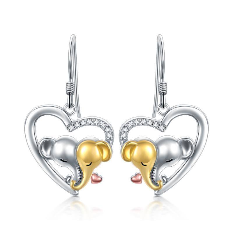 Sterling Silver Tri-tone Circular Shaped Cubic Zirconia Elephant & Heart Drop Earrings-1