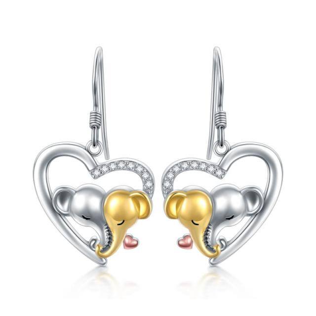 Sterling Silver Tri-tone Circular Shaped Cubic Zirconia Elephant & Heart Drop Earrings-0