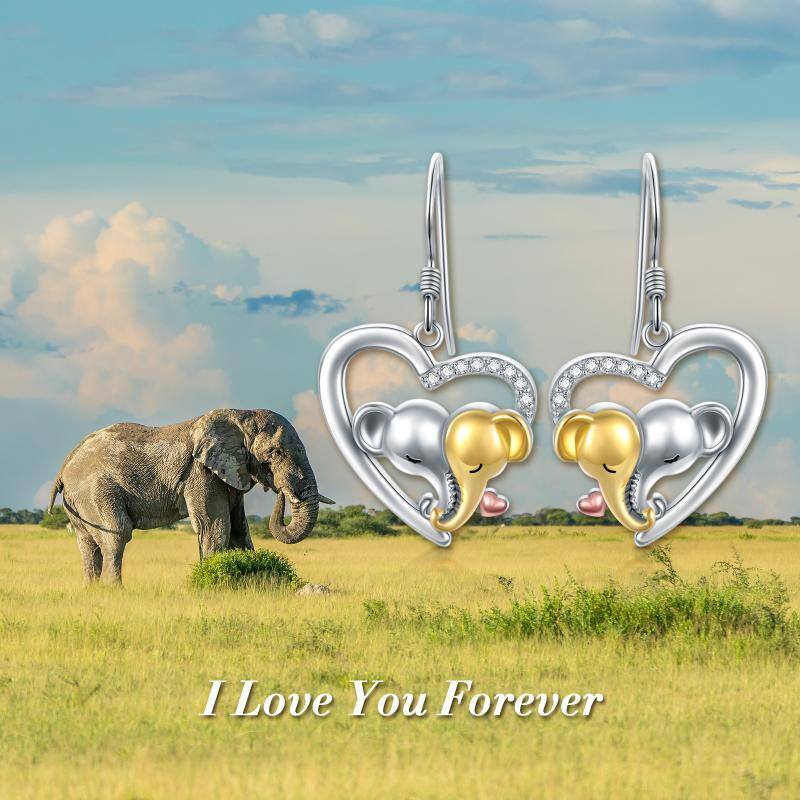 Sterling Silver Tri-tone Circular Shaped Cubic Zirconia Elephant & Heart Drop Earrings-6