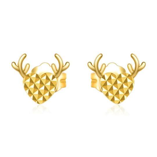 18K Gold Elk & Heart Stud Earrings