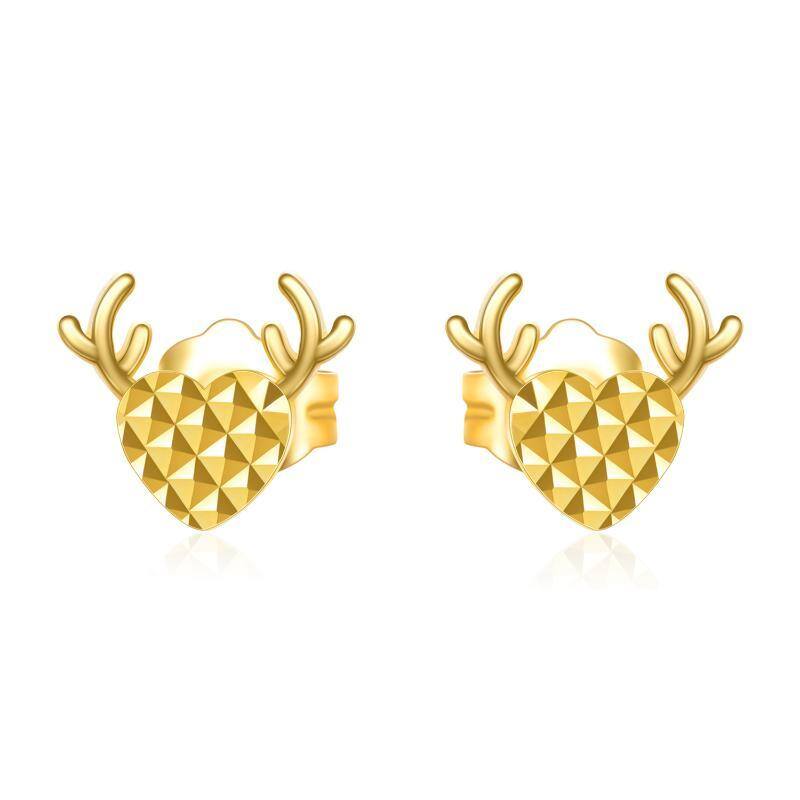 18K Gold Elk & Heart Stud Earrings