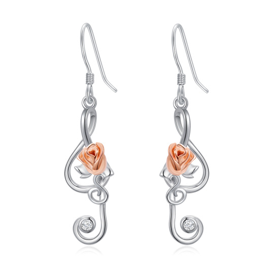 Sterling Silver Two-tone Rose & Music Symbol Drop Earrings