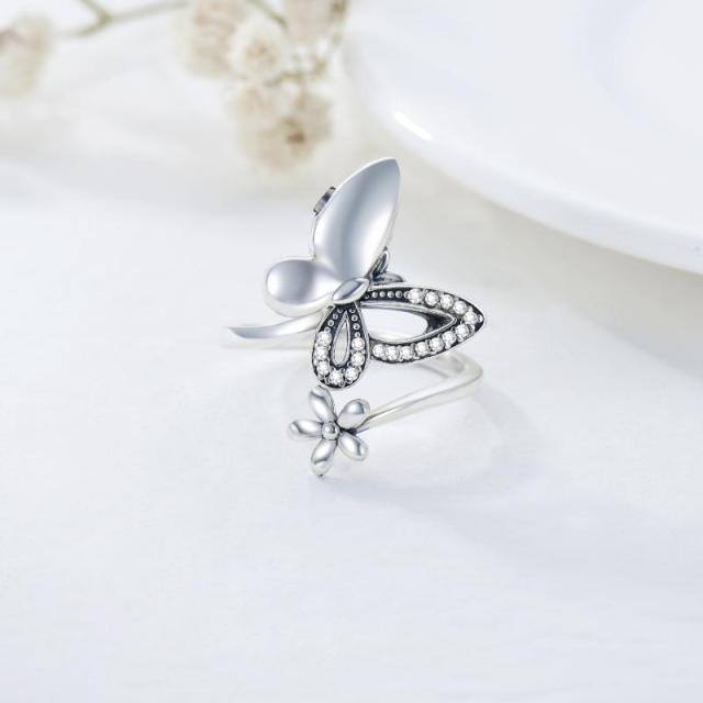 Sterling Silver Circular Shaped Cubic Zirconia Butterfly & Daisy Urn Ring-2