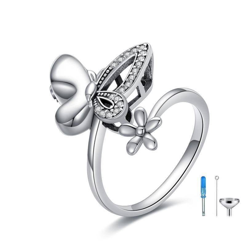 Sterling Silver Circular Shaped Cubic Zirconia Butterfly & Daisy Urn Ring-1