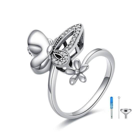 Sterling Silver Circular Shaped Cubic Zirconia Butterfly & Daisy Urn Ring