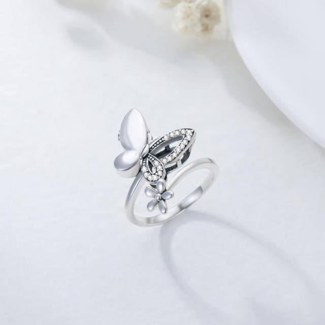 Sterling Silver Circular Shaped Cubic Zirconia Butterfly & Daisy Urn Ring-3